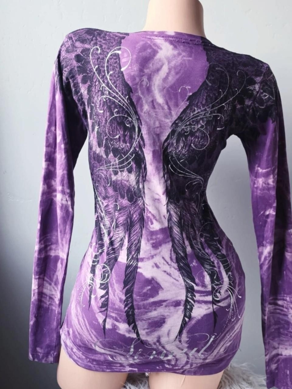 2000s y2k Sinful by Affliction angel wings long sleeve shirt